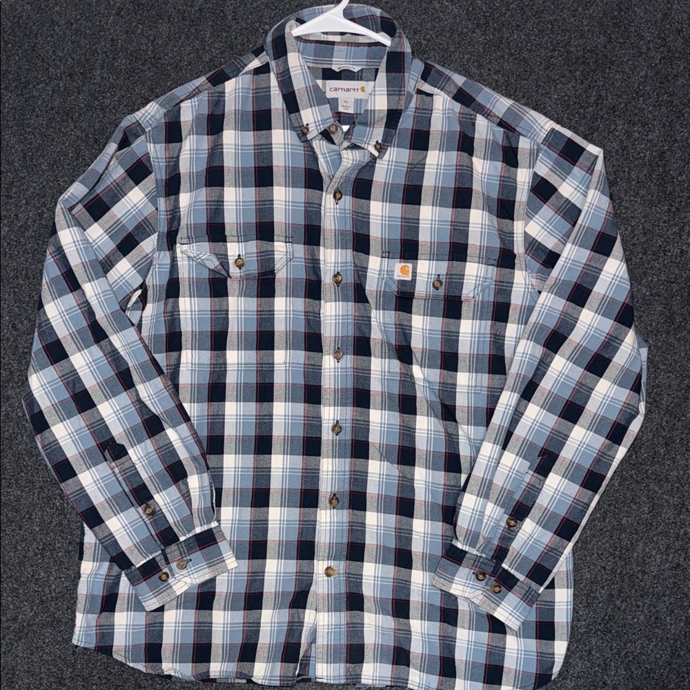 Carhartt Men's Navy and White Plaid Button‎ Down Shirt